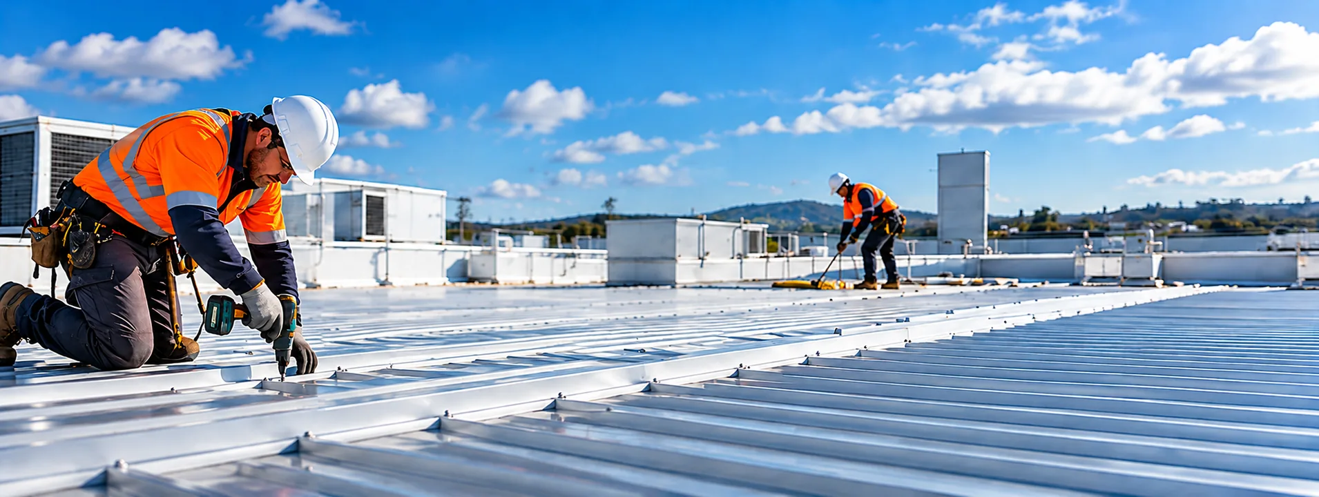 Commercial roofing contractors working on a metal roof